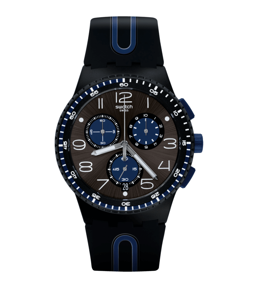 Swatch Kaicco SUSB406 con cassa in plastica nera opaca da 42 mm e quadrante nero spazzolato soleil.
