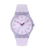 Load image into Gallery viewer, Orologio Swatch Lavendaze SO29V101 con cassa rotonda viola/lavanda in plastica e quadrante tono su tono semplice ed elegante.
