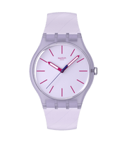 Orologio Swatch Lavendaze SO29V101 con cassa rotonda viola/lavanda in plastica e quadrante tono su tono semplice ed elegante.