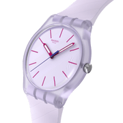 Dettaglio cinturino in silicone viola/lavanda con fibbia standard dell’orologio Swatch Lavendaze SO29V101, comodo e flessibile.