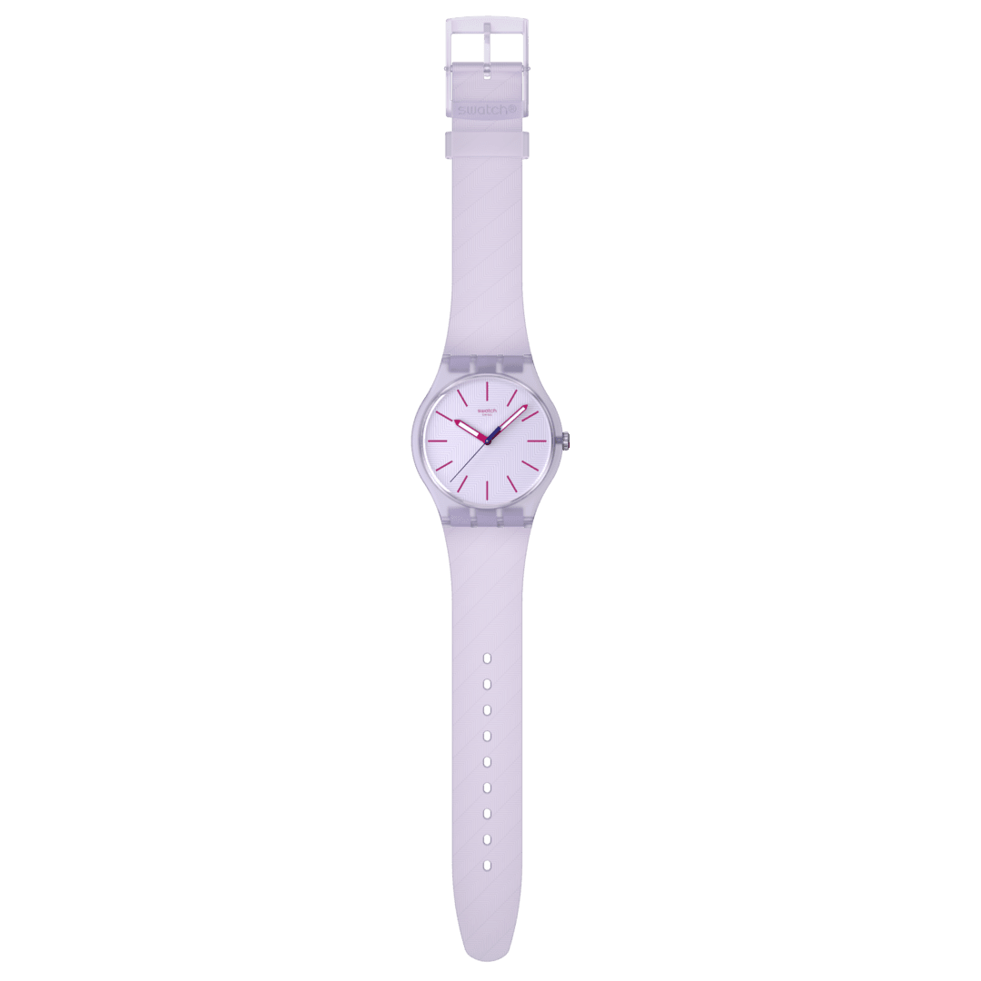 Vista frontale dell’orologio Swatch Lavendaze SO29V101 con quadrante minimalista e lancette coordinate in viola/lavanda.