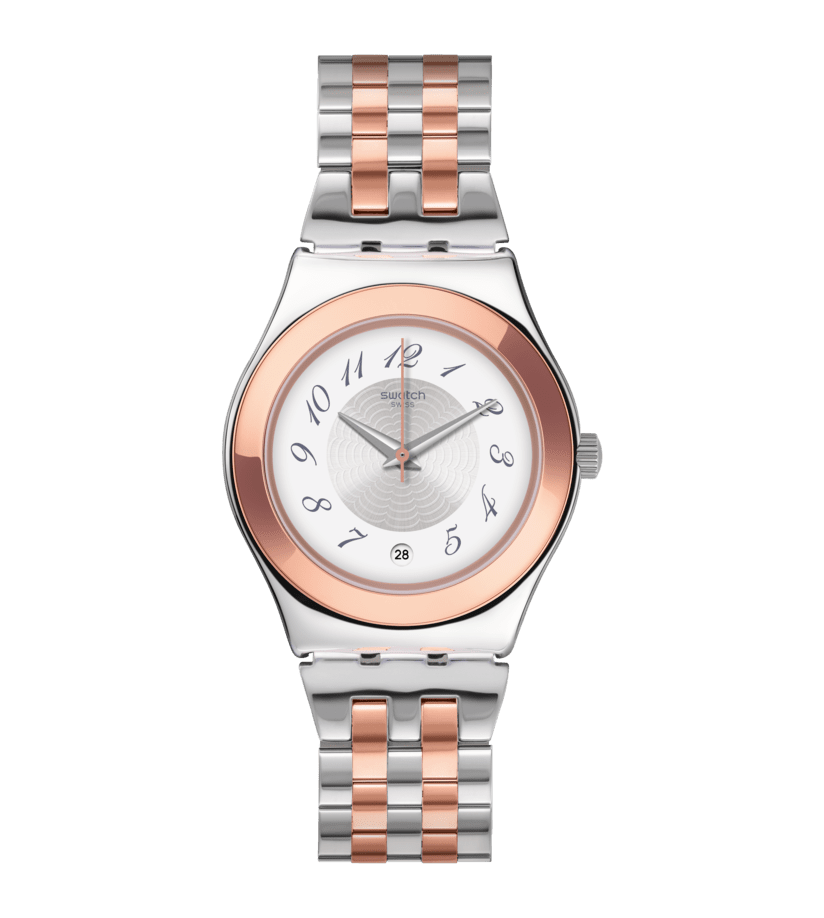 Swatch Midimix YLS454G con cassa in acciaio inox da 33 mm e quadrante argento spazzolato con stampa multicolore.