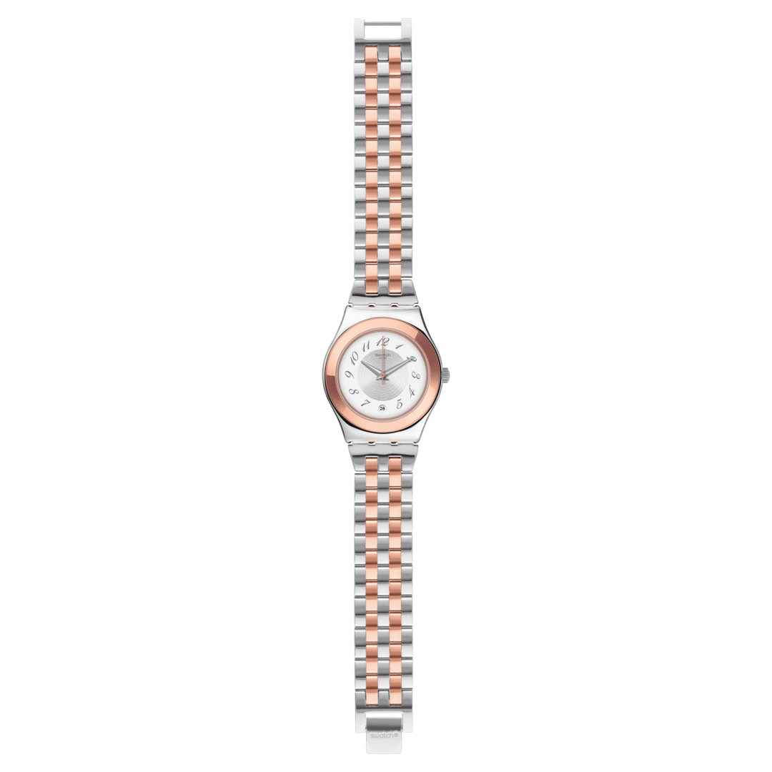 Cinturino regolabile in acciaio inox lucido argentato con dettagli PVD oro rosa.