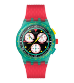 Load image into Gallery viewer, Swatch Neon Emerald Chrono SUSG409 con cassa verde opaco trasparente e cinturino rosso opaco in silicone.
