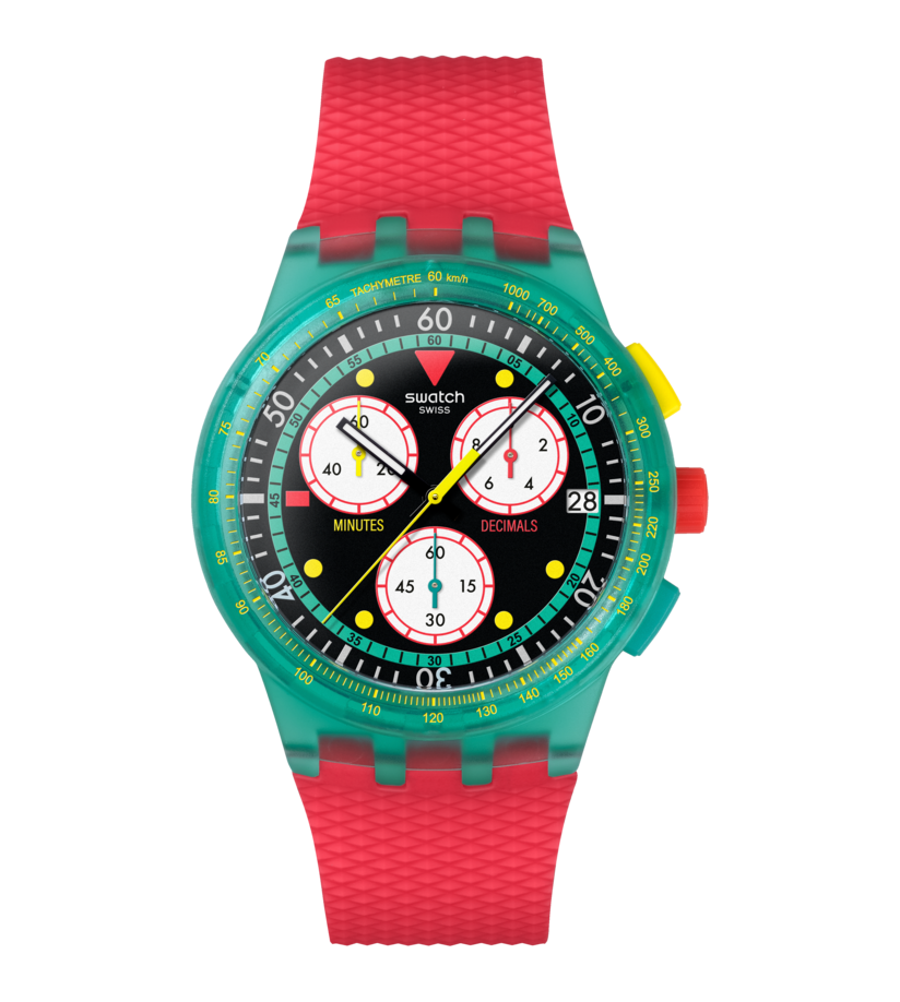 Swatch Neon Emerald Chrono SUSG409 con cassa verde opaco trasparente e cinturino rosso opaco in silicone.