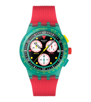Swatch Neon Emerald Chrono SUSG409 con cassa verde opaco trasparente e cinturino rosso opaco in silicone.