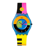 Load image into Gallery viewer, Swatch Neon Flumotions SS08S101 con cassa blu opaco trasparente e cinturino multicolore in silicone.
