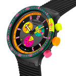 Load image into Gallery viewer, Dettaglio del quadrante nero multicolore con numeri colorati e sub-quadranti del cronografo.
