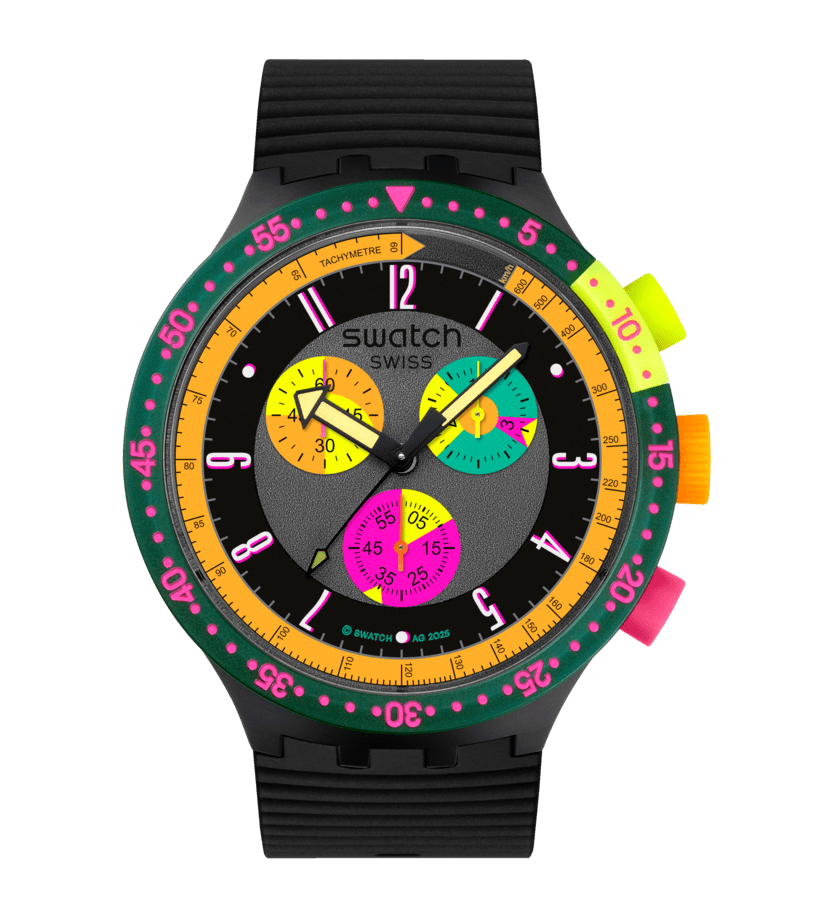 Swatch Neon Seppia SB02B104 cronografo con cassa nera opaca trasparente e cinturino in silicone nero.