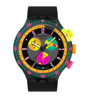 Swatch Neon Seppia SB02B104 cronografo con cassa nera opaca trasparente e cinturino in silicone nero.