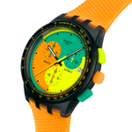 Load image into Gallery viewer, Dettaglio del quadrante multicolore con lancette luminescenti e datario a ore 3 del cronografo.
