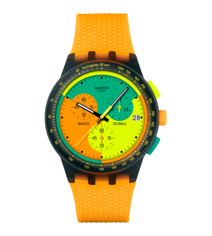 Swatch Neon Signal Flag SUSB422 con cassa polimero da 42 mm e cinturino arancione in silicone.