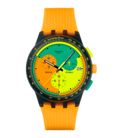Swatch Neon Signal Flag SUSB422 con cassa polimero da 42 mm e cinturino arancione in silicone.