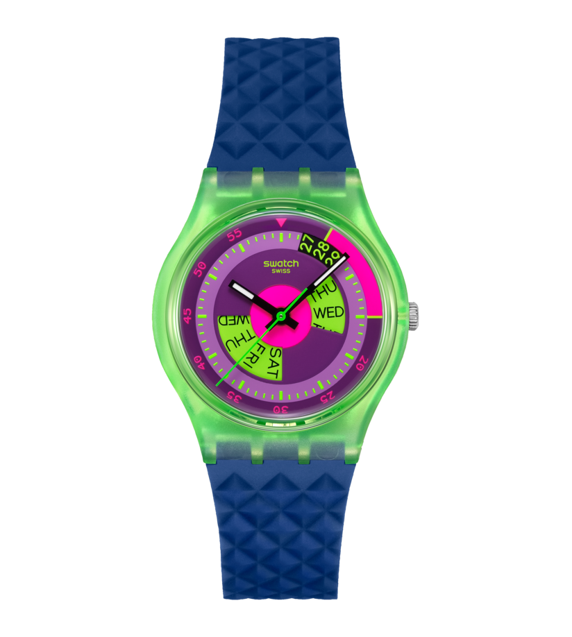 Swatch Neon Skychart SO28G704 con cassa verde biosource da 34 mm e cinturino blu in silicone.