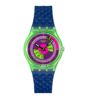 Swatch Neon Skychart SO28G704 con cassa verde biosource da 34 mm e cinturino blu in silicone.