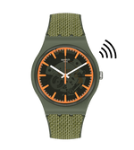 Load image into Gallery viewer, Swatch Ongpay! SVIG100-5300 con cassa verde opaca e quadrante trasparente con dettagli arancioni.
