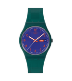 Load image into Gallery viewer, Orologio Swatch Pattern Formation SO28N706 con cassa rotonda verde e blu in plastica e quadrante con pattern grafico moderno.
