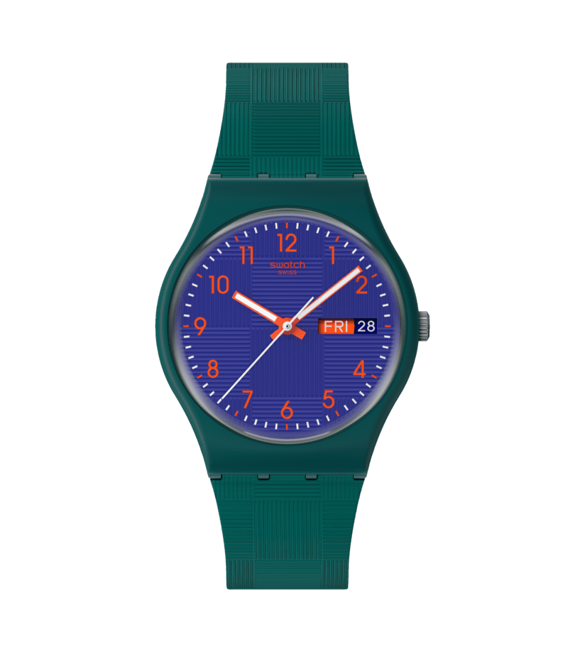 Orologio Swatch Pattern Formation SO28N706 con cassa rotonda verde e blu in plastica e quadrante con pattern grafico moderno.