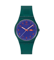 Orologio Swatch Pattern Formation SO28N706 con cassa rotonda verde e blu in plastica e quadrante con pattern grafico moderno.