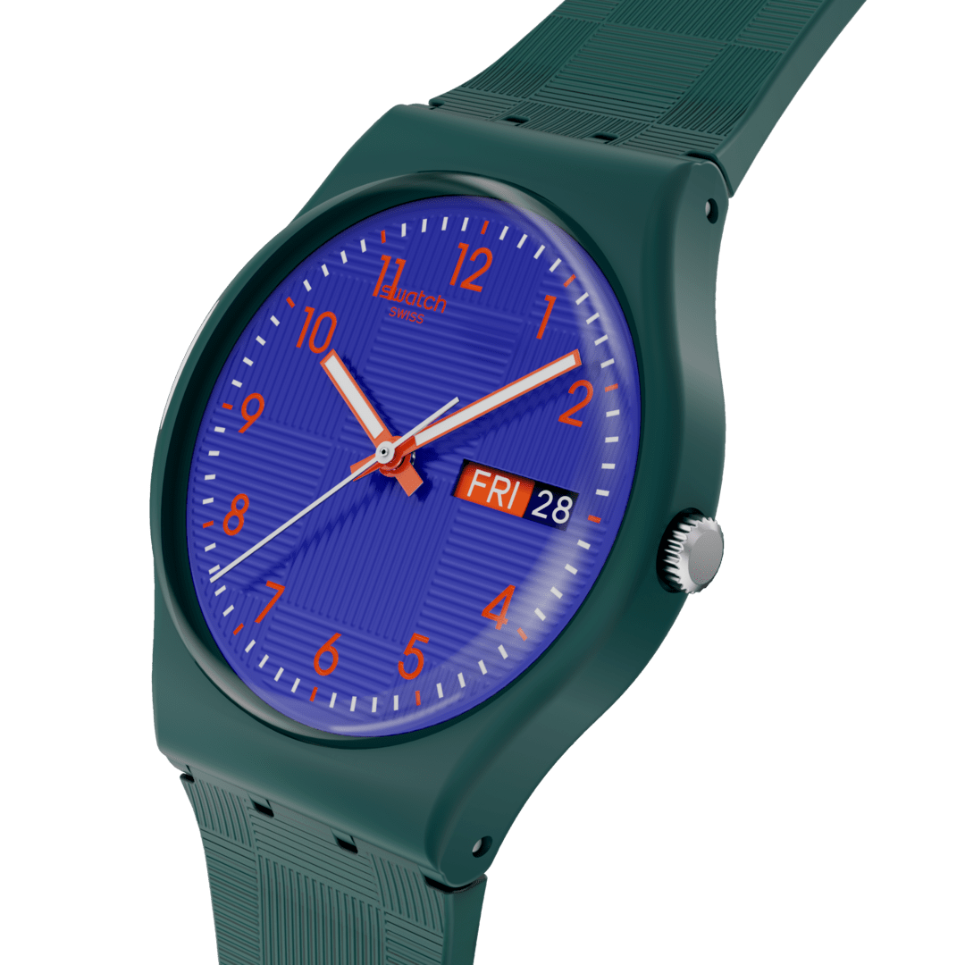 Dettaglio cinturino in silicone/plastica verde e blu con fibbia coordinata dell’orologio Swatch Pattern Formation SO28N706.