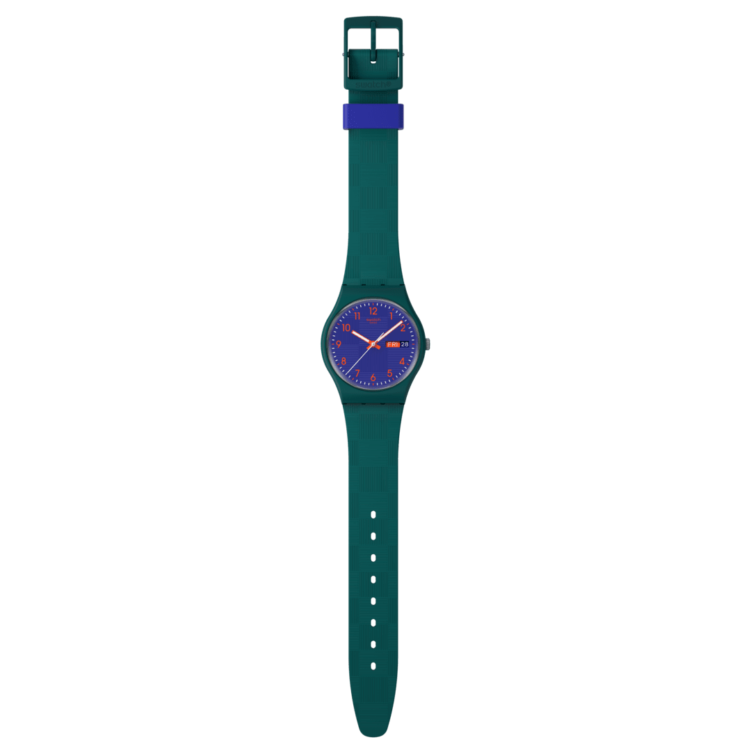Vista frontale dell’orologio Swatch Pattern Formation SO28N706 con quadrante a pattern e lancette colorate, perfetto per uso quotidiano casual.