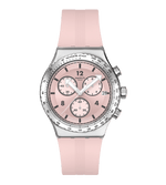 Load image into Gallery viewer, Swatch Poppingly Pink YVS532 con cassa in acciaio inox e quadrante rosa spazzolato soleil.
