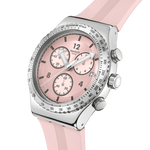 Load image into Gallery viewer, Dettaglio del quadrante con sub-quadranti rosa e lancette argentate luminescenti.
