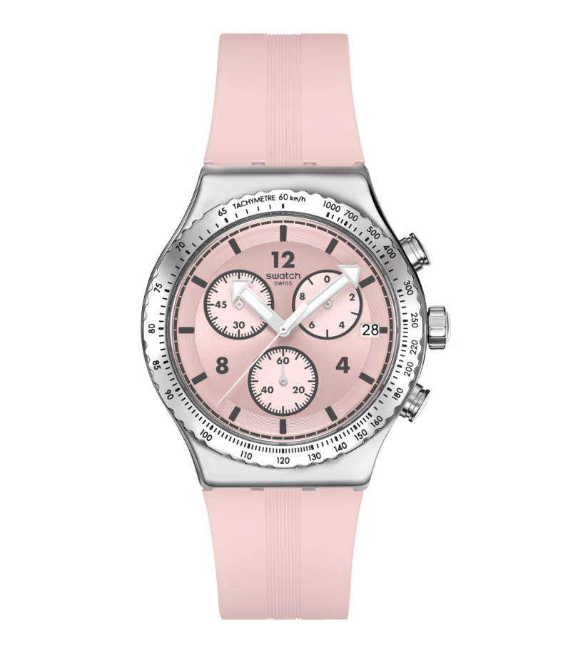 Swatch Poppingly Pink YVS532 con cassa in acciaio inox e quadrante rosa spazzolato soleil.