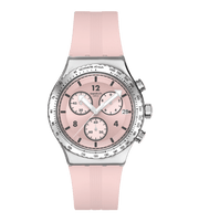 Swatch Poppingly Pink YVS532 con cassa in acciaio inox e quadrante rosa spazzolato soleil.