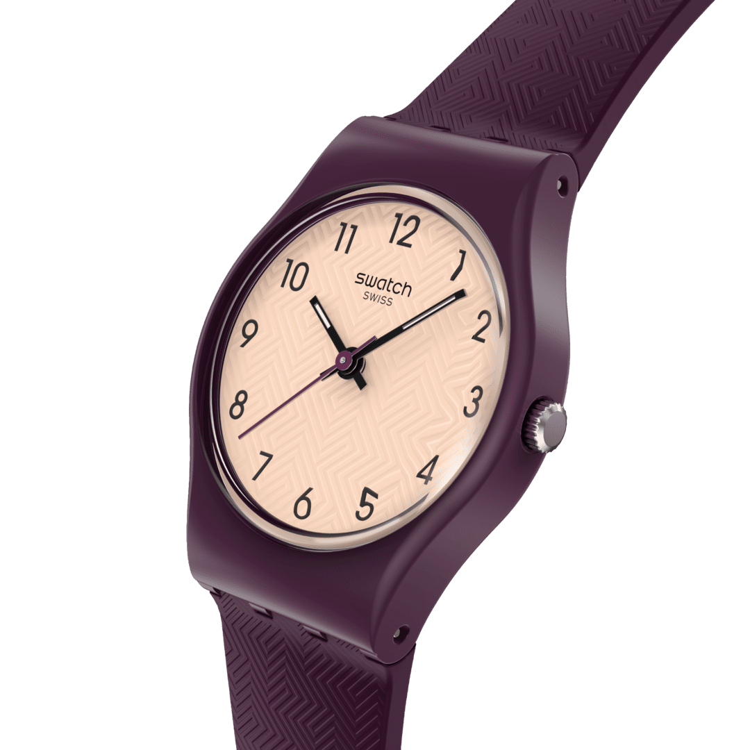 Dettaglio cinturino in silicone viola/lavanda morbido e flessibile con fibbia abbinata dell’orologio Swatch Repeat Chic LR138.