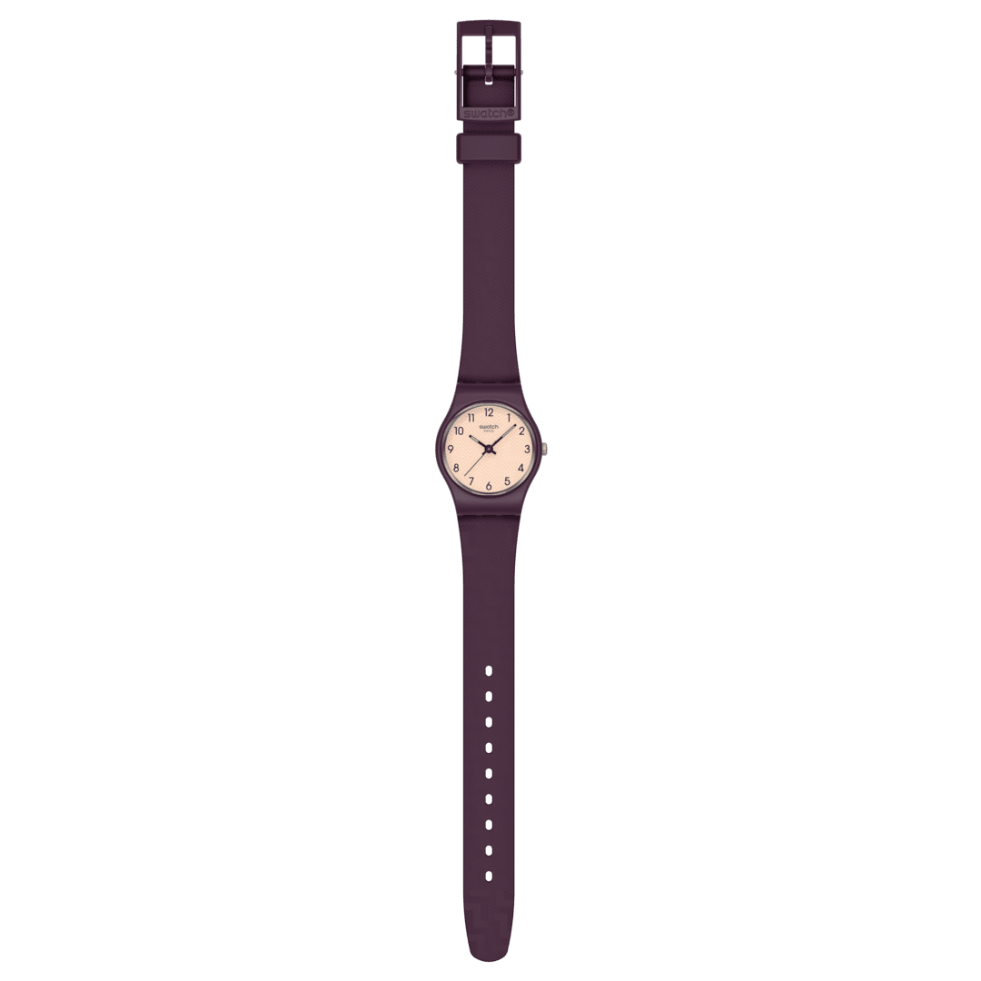 Vista frontale dello Swatch Repeat Chic LR138 con quadrante minimalista e lancette coordinate, ideale per uso quotidiano e abbinamenti versatili.