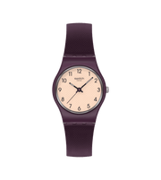 Orologio Swatch Repeat Chic modello LR138 con cassa rotonda viola/lavanda in plastica e quadrante tono su tono semplice e moderno.