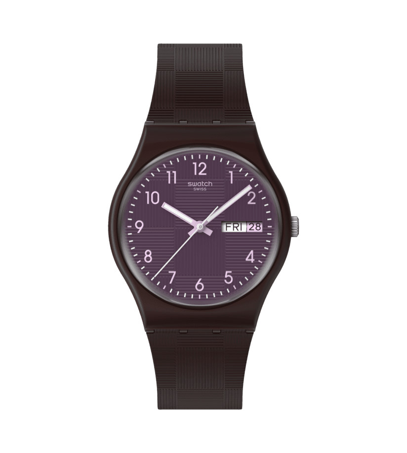 Orologio Swatch Weaving Wonders modello SO28C700 con cassa rotonda grigia in plastica e quadrante viola con lancette rosa e bianca.