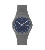 Load image into Gallery viewer, Orologio Swatch Tile Dial SO28M701 con cassa rotonda grigia in plastica e quadrante blu con lancette blu per ore e minuti e lancetta dei secondi bianca.
