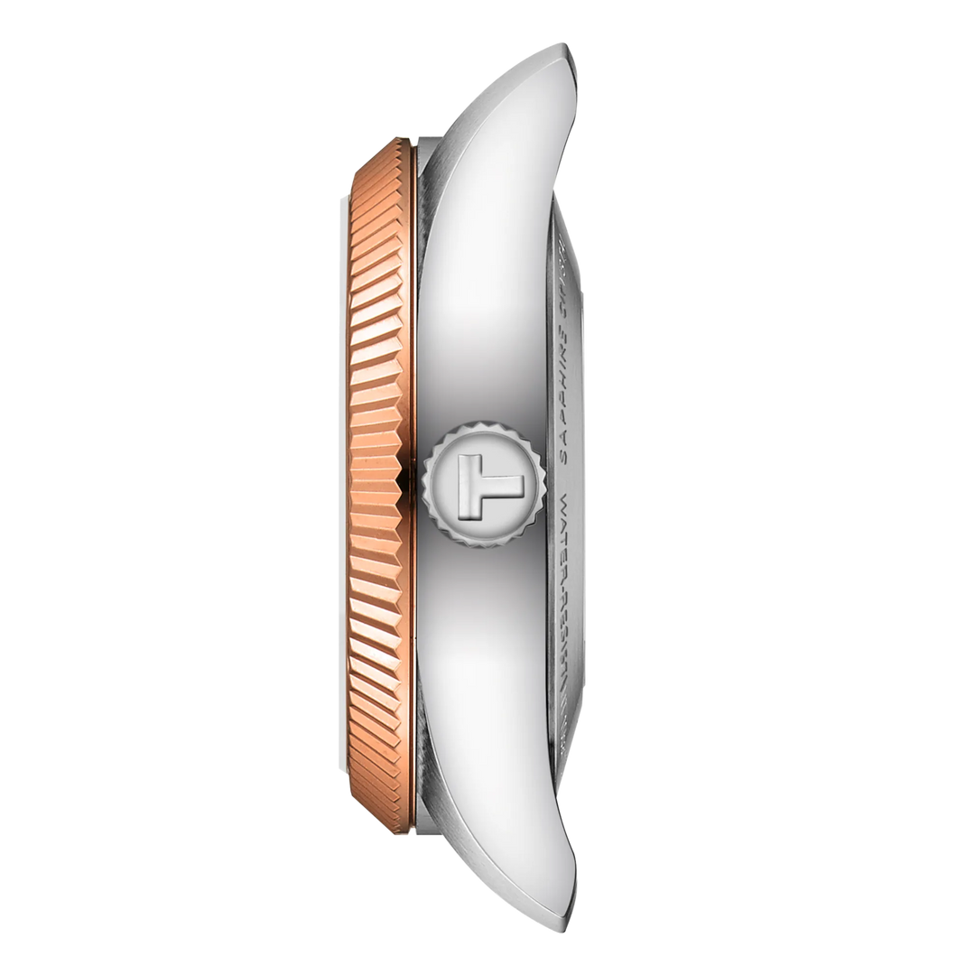 Cinturino in acciaio 316L PVD oro rosa con chiusura deployante butterfly e sistema di sgancio rapido.