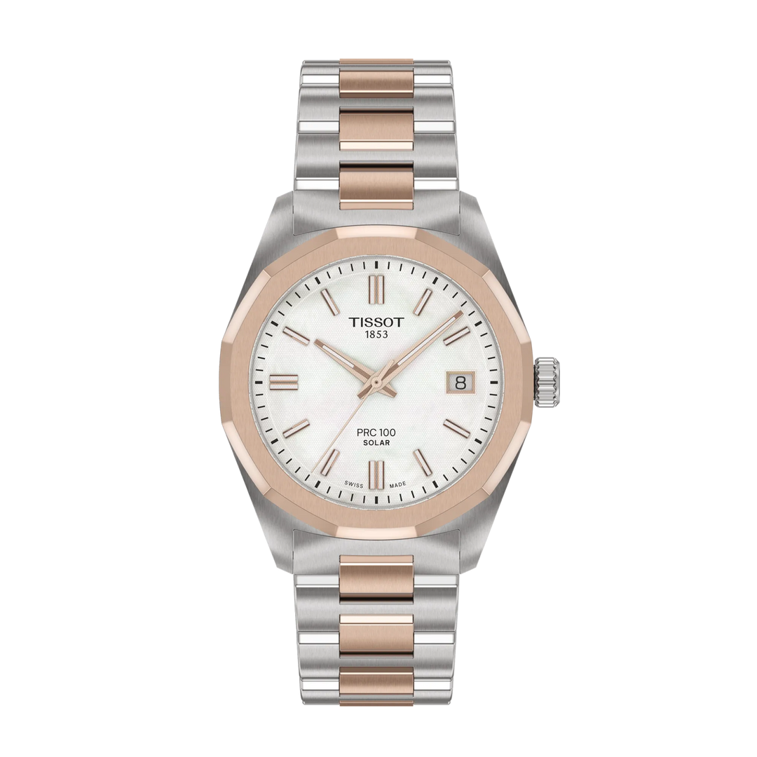 Tissot PRC 100 Solar 34mm Madreperla con cassa acciaio PVD rosa garofano e quadrante in madreperla.