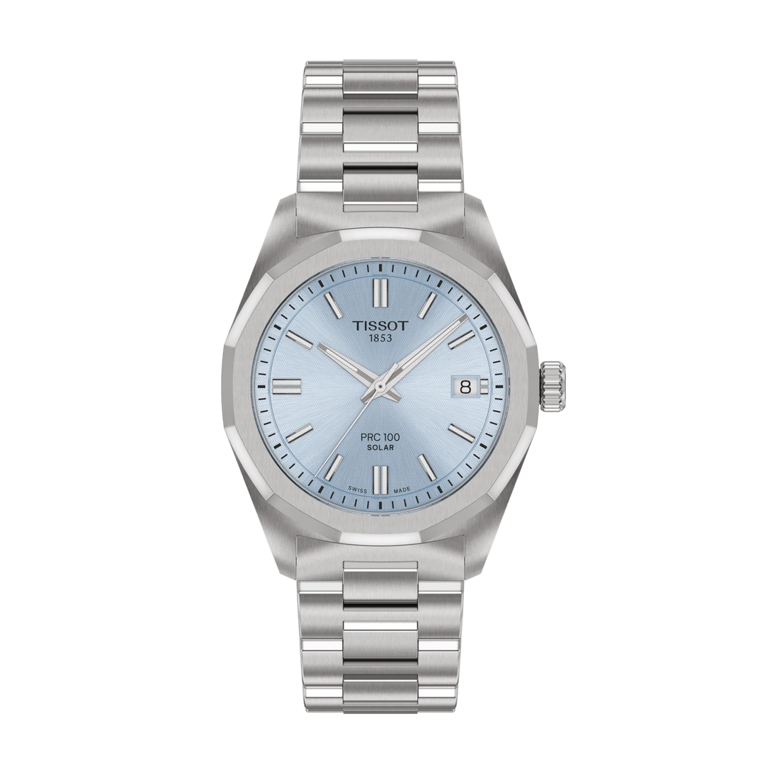 Tissot PRC 100 Solar 34mm con cassa acciaio inox oro rosa e quadrante ice blue.