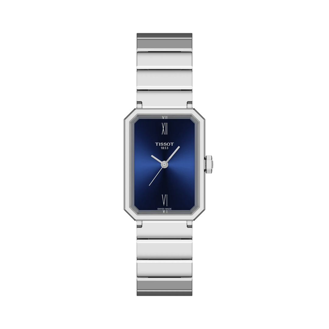 Tissot SRV 30mm con cassa rettangolare in acciaio inox e quadrante blu.