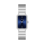 Tissot SRV 30mm con cassa rettangolare in acciaio inox e quadrante blu.