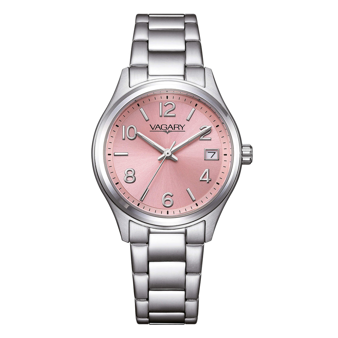 Vagary Timeless IB9-611-91 con cassa in acciaio da 32 mm e quadrante rosa tenue.

