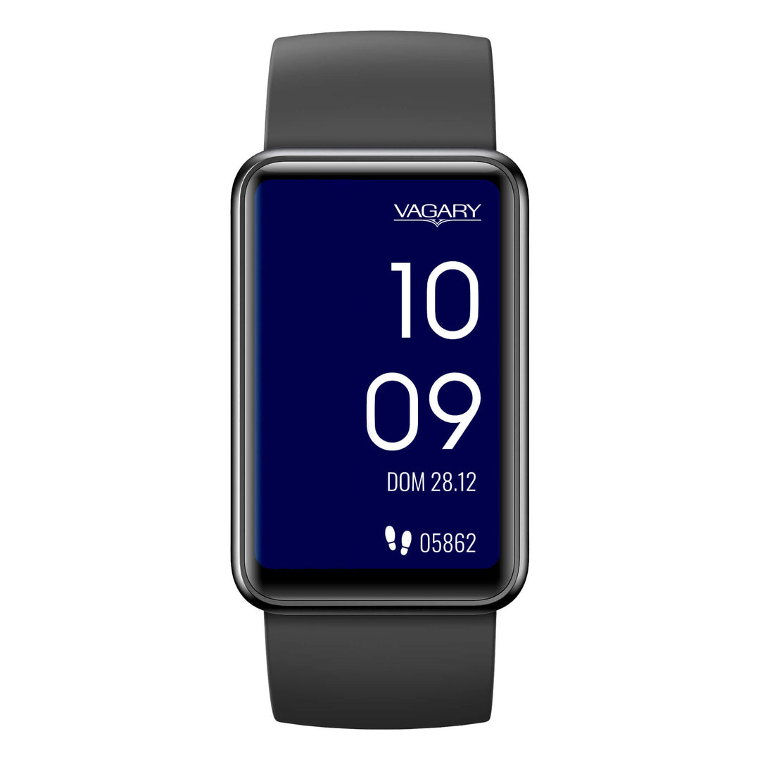 Vagary X05A-001VY con cassa in plastica nera da 27 mm e display digitale nero touch screen.
