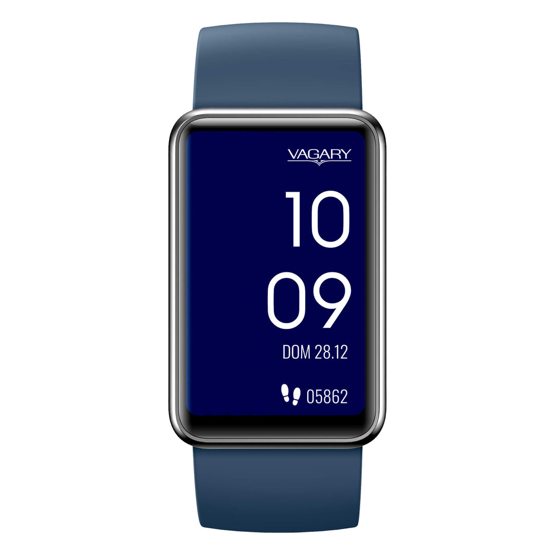 Vagary X05A-002VY con cassa in plastica nera da 27 mm e display digitale blu touch screen.