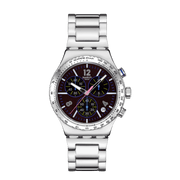 Swatch Purple Glow YVS533G - bracciale e cassa acciaio - quadrante nero cronografo