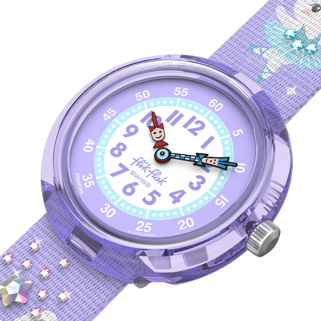 Flik Flak Shining tutu FBNP248 - cassa viola - cinturino multicolor - quadrante bianco e viola