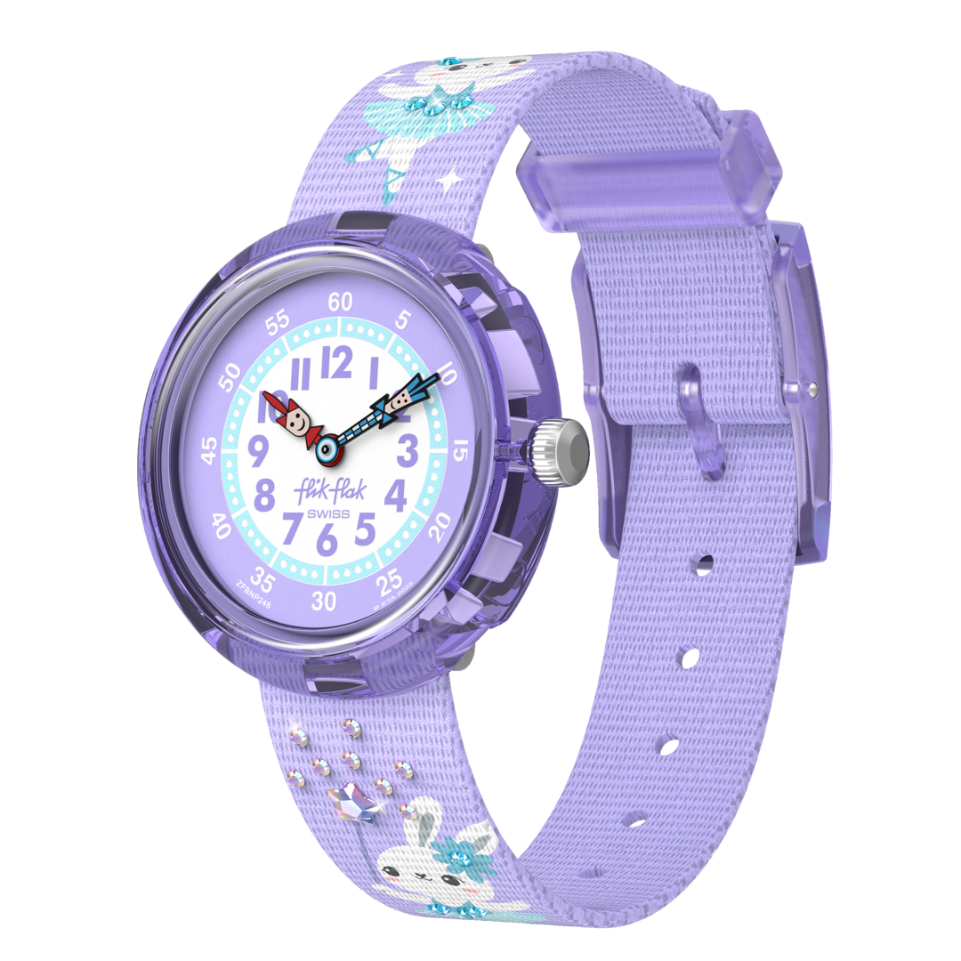 Flik Flak Shining tutu FBNP248 - cassa viola - cinturino multicolor - quadrante bianco e viola