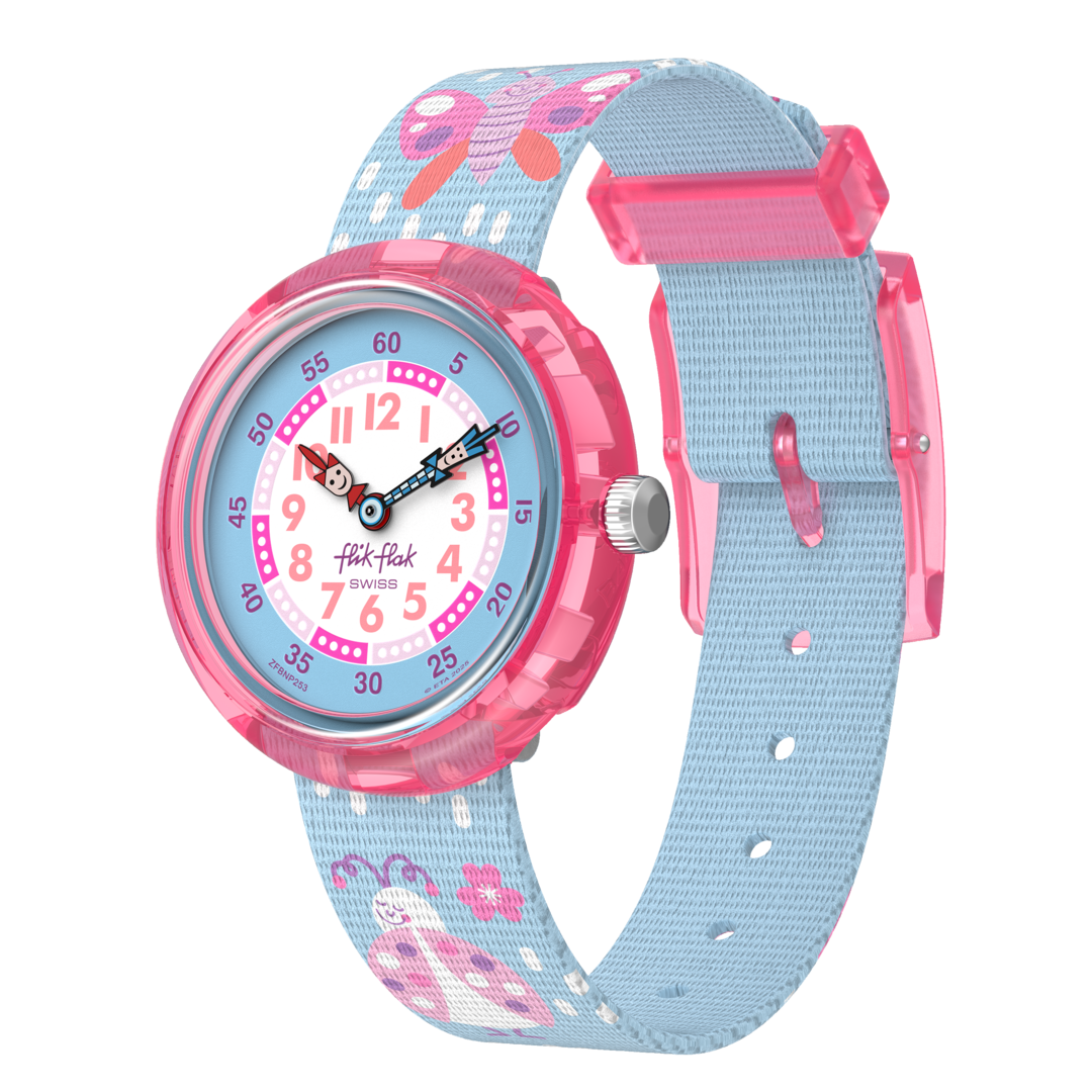 Flik Flak Garden friends FBNP253 - cassa rosa - cinturino multicolor - quadrante bianco e azzurro