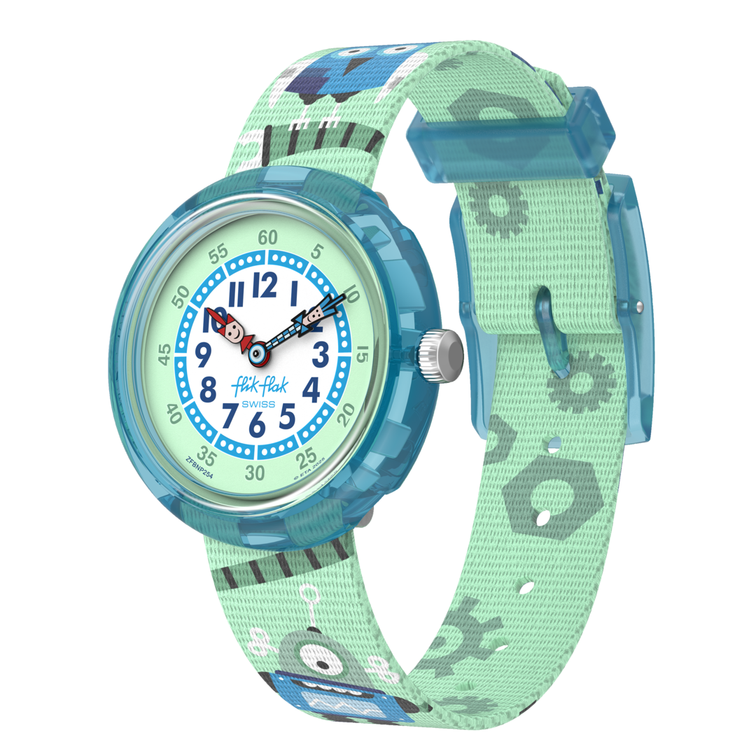 Flik Flak Beep beep beep! FBNP254 - cassa azzurra - cinturino multicolor - quadrante bianco e verde