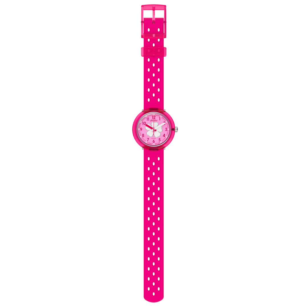 Flik Flak Fizz in hibiscus FCNP005 - cinturino silicone rosa - cassa rosa - quadrante rosa con fiore di ibisco
