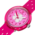 Load image into Gallery viewer, Flik Flak Fizz in hibiscus FCNP005 - cinturino silicone rosa - cassa rosa - quadrante rosa con fiore di ibisco