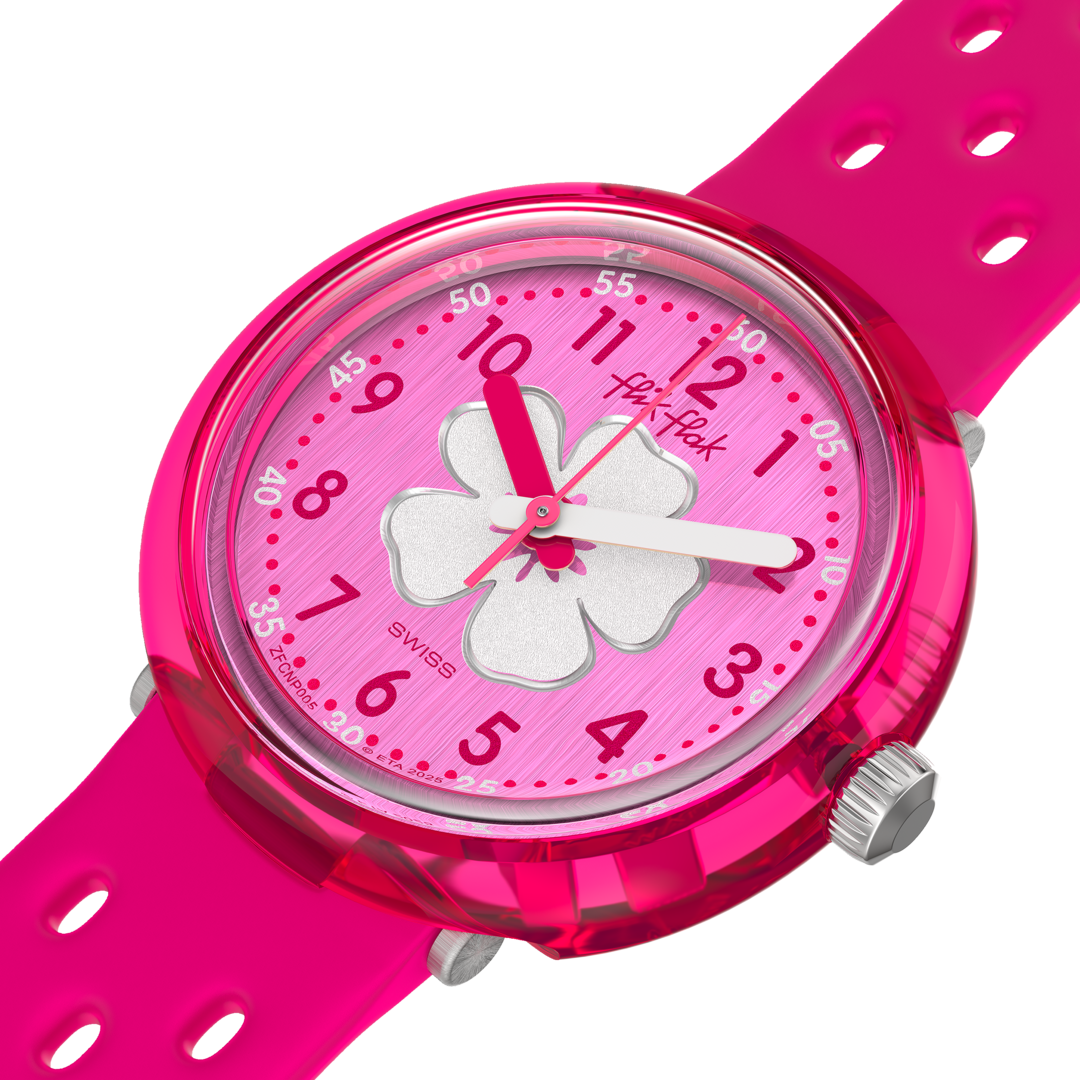 Flik Flak Fizz in hibiscus FCNP005 - cinturino silicone rosa - cassa rosa - quadrante rosa con fiore di ibisco